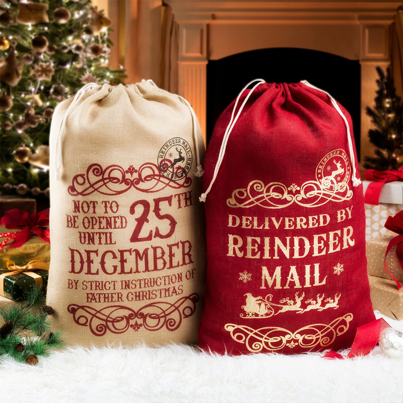 Santa Bag " Reindeer Mail " In Burlap Set of Two